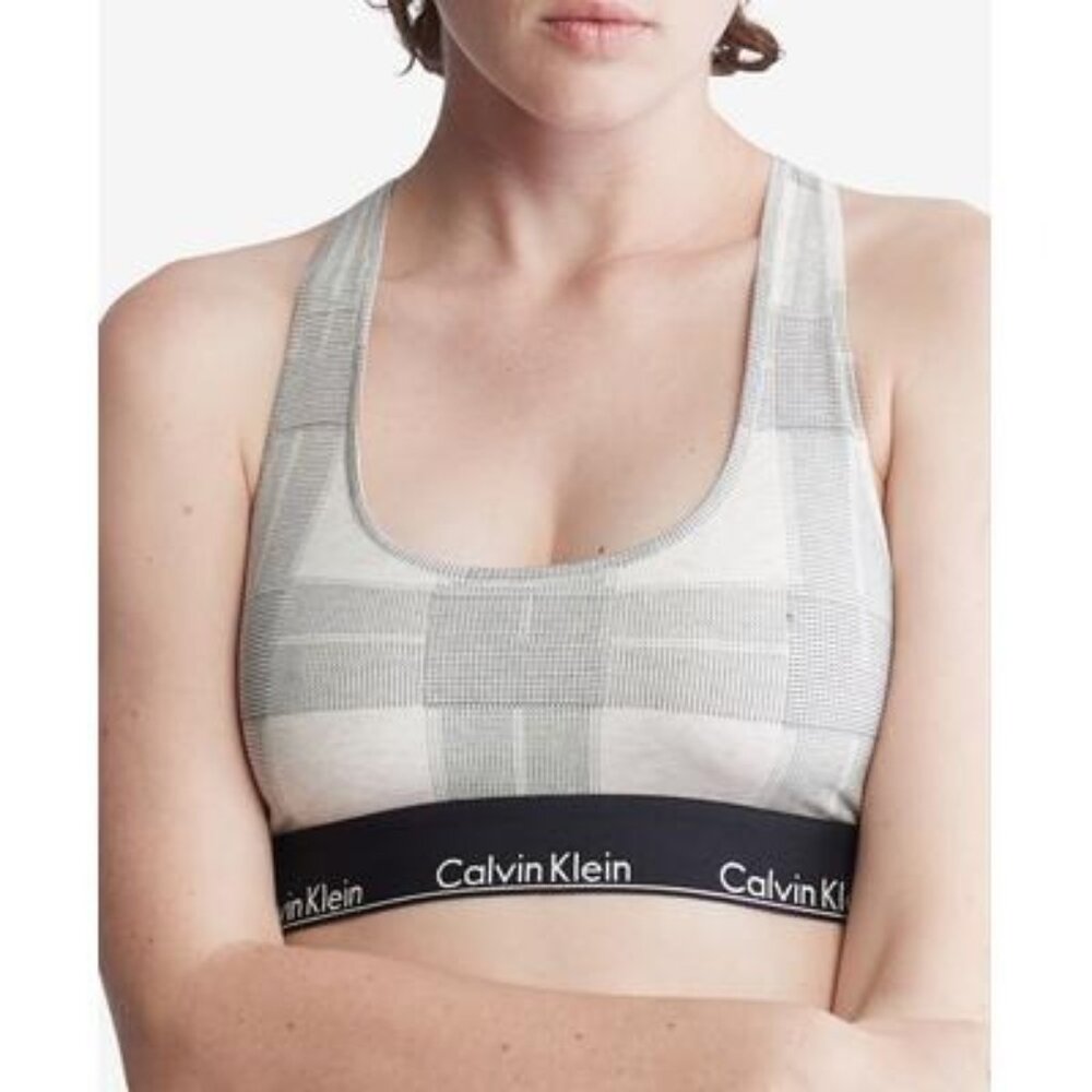 Calvin Klein Women'a Modern Cotton Unlined Bralette, Plaid Oatmeal, Size XS, NWT